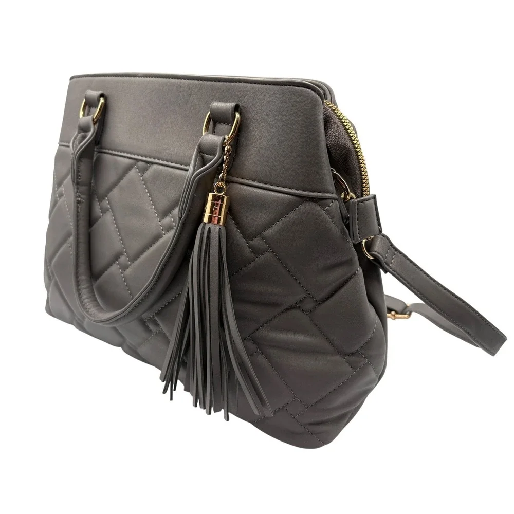 Like Dreams Satchel Bag‎ Womens Medium Gray Excellent Quilted Tassel Crossbody